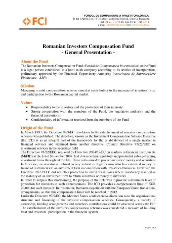 Romanian Investors Compensation Fund  - General Presentation -  About the Fund The Romanian