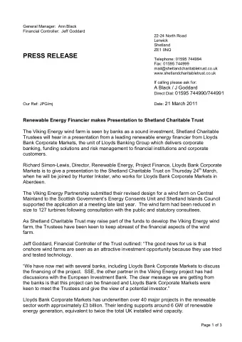 PRESS RELEASE  Telephone: 01595 744994  Fax: 01595 744999  mail@shetlandcharitabletrust.co.uk