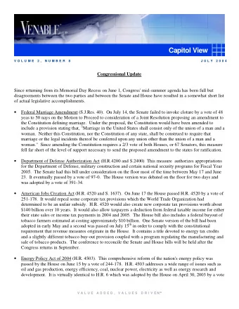 Capitol View  V O L U M E  2 ,  N U M B E R  8  J U L Y  2 0 0 4  Congressional Update  Since