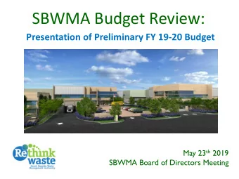 SBWMA Budget Review:  Presentation of Preliminary FY 19-20 Budget May 23 th 2019  SBWMA Board of