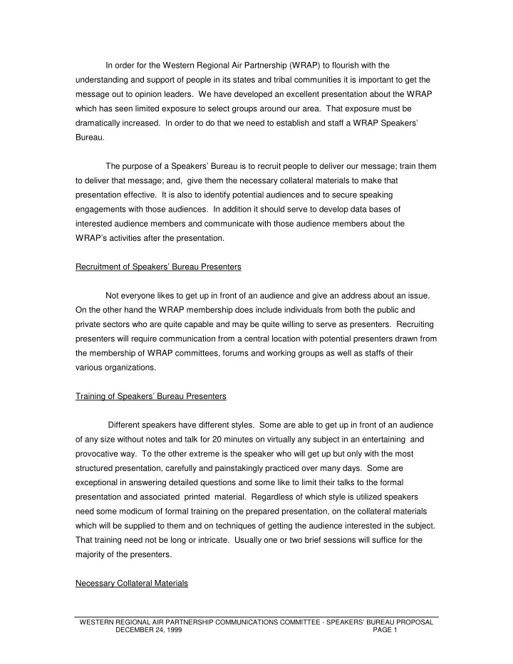 in order for the western regional air partnership wrap to