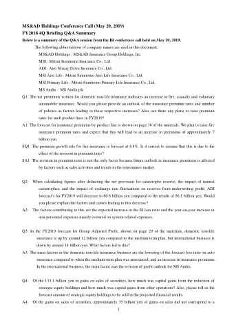 MS&amp;AD Holdings Conference Call (May 20, 2019)  FY2018 4Q Briefing Q&amp;A Summary  Below is a