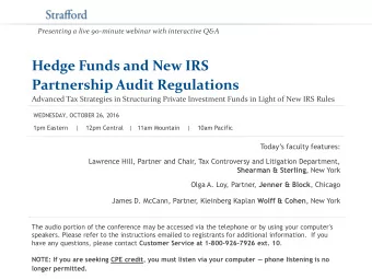 Hedge Funds and New IRS  Partnership Audit Regulations  Advanced Tax Strategies in Structuring