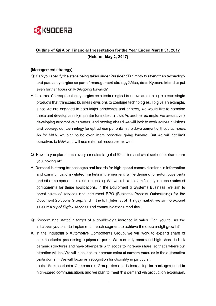 outline of q a on financial presentation for the year