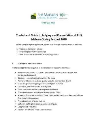 Tradestand Guide to Judging and Presentation at RHS  Malvern Spring Festival 2018 Before completing