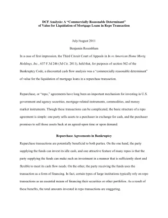 DCF Analysis: A Commercially Reasonable Determinant of Value for Liquidation of Mortgage