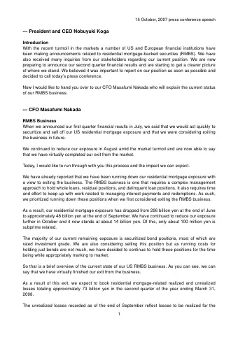 --- President and CEO Nobuyuki Koga  Introduction  With the recent turmoil in the markets a number