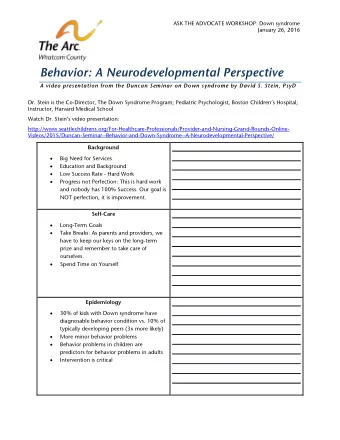Behavior: A Neurodevelopmental Perspective A video presentation from the Duncan Seminar on Down