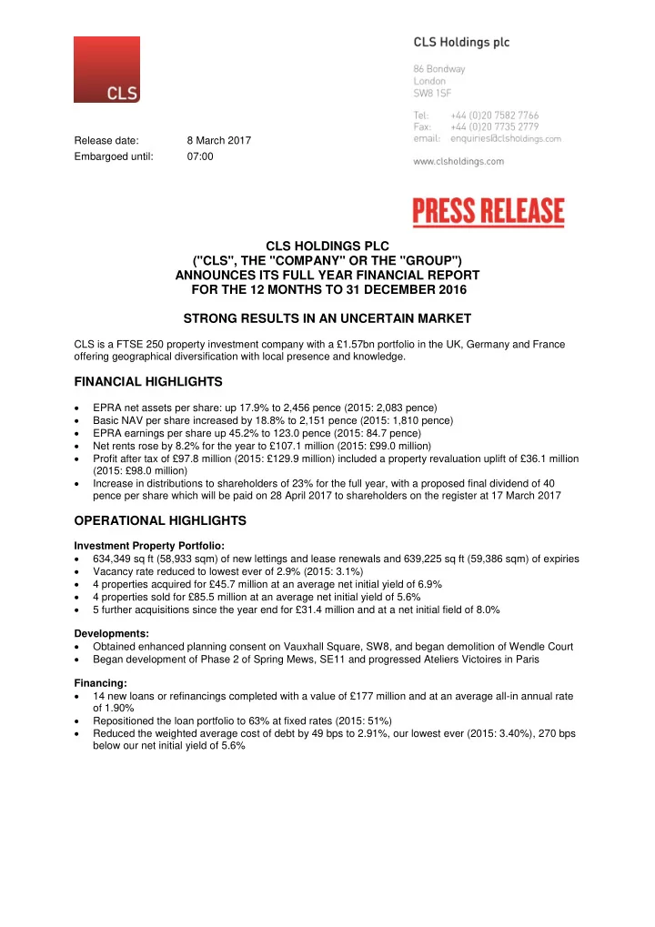 cls holdings plc cls the company or the group announces