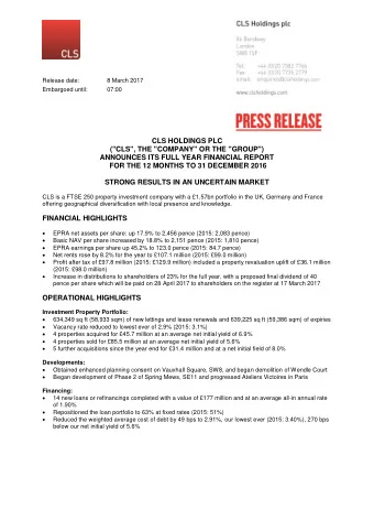 CLS HOLDINGS PLC  (&quot;CLS&quot;, THE &quot;COMPANY&quot; OR THE &quot;GROUP&quot;)  ANNOUNCES
