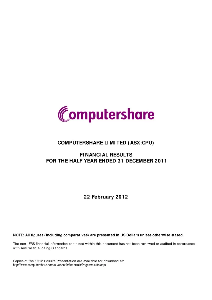 computershare li mi ted asx cpu fi nanci al results for