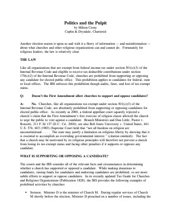 Politics and the Pulpit  by Milton Cerny  Caplin &amp; Drysdale, Chartered  Another election season