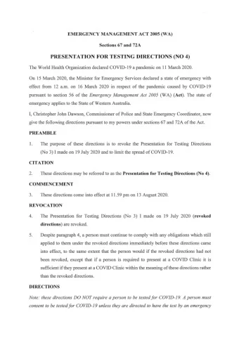 PRESENTATION FOR TESTING DIRECTIONS (NO 4) The World Health Organization declared COVID-19 a