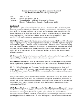 Summary Translation of Question &amp; Answer Session at  FY 2017 Financial Results Briefing for