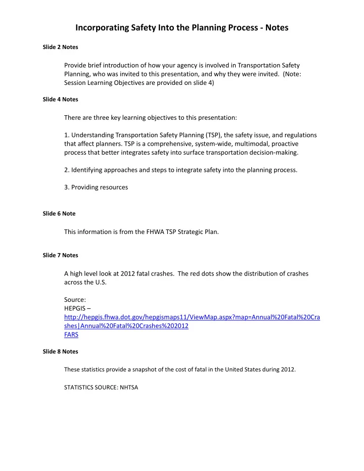 incorporating safety into the planning process notes