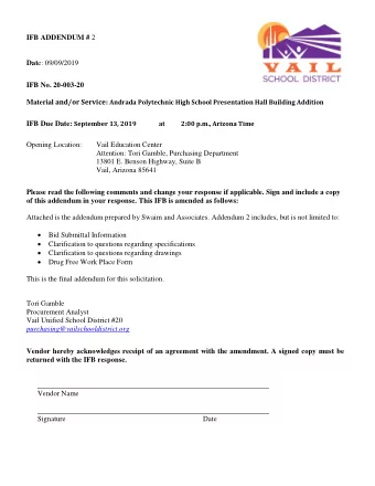 IFB ADDENDUM # 2 Dat e: 09/09/2019  IFB No. 20-003-20 Material and/or Service: Andrada Polytechnic