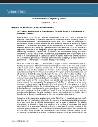 Investment Services Regulatory Update  September 1, 2010  NEW RULES, PROPOSED RULES AND GUIDANCE