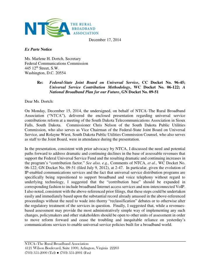 december 17 2014 ex parte notice ms marlene h dortch