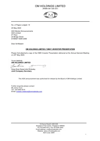 OM HOLDINGS LIMITED  (ARBN 081 028 337)  No. of Pages Lodged: 14  29 May 2020  ASX Market