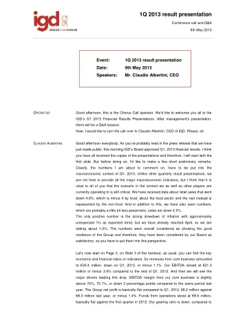 1Q 2013 result presentation  Conference call and Q&amp;A  9th May 2013  Event:  1Q 2013 result