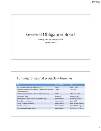 General Obligation Bond Funding for Capital Projects and Survey Results Funding for capital