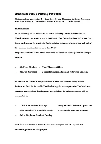 Australia Posts Pricing Proposal  (Introduction presented by Gary Lee, Group Manager Letters,