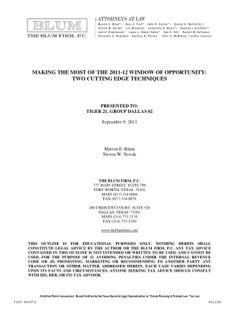 MAKING THE MOST OF THE 2011-12 WINDOW OF OPPORTUNITY:  TWO CUTTING EDGE TECHNIQUES  PRESENTED TO: