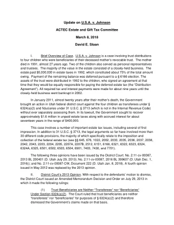 Update on U.S.A. v. Johnson  ACTEC Estate and Gift Tax Committee  March 8, 2018  David E. Sloan  I.
