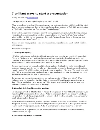 7 brilliant ways to start a presentation  By Jacquelyn Smith for Business Insider &quot;The