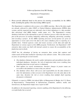 Follow-up Questions from JBC Hearing  Department of Transportation  11/16/09 1. Please provide