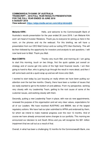 COMMONWEALTH BANK OF AUSTRALIA  TRANSCRIPT  2018 FULL YEAR RESULTS PRESENTATION  FOR THE FULL