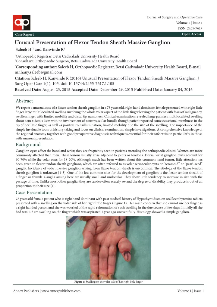 unusual presentation of flexor tendon sheath massive