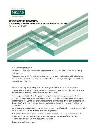 Investment in ReAssure,  a Leading Closed Book Life Consolidator in the UK  October 6, 2017 Good,