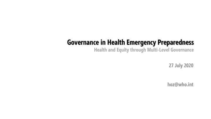 governance in health emergency preparedness