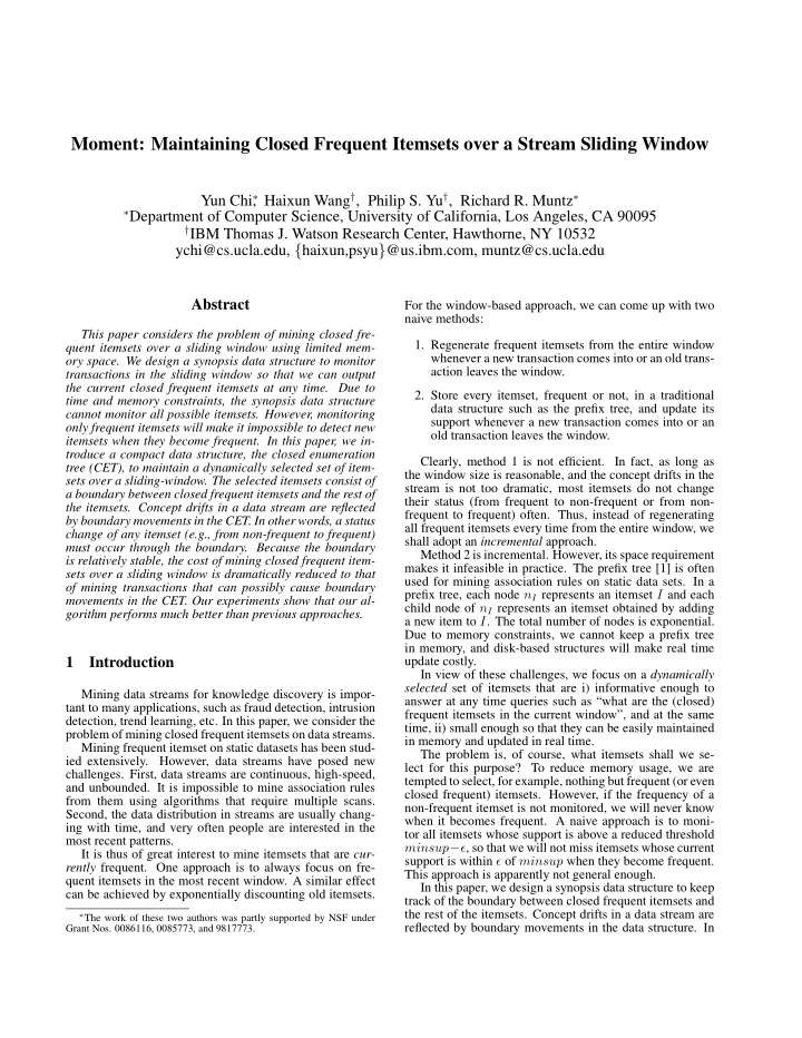 moment maintaining closed frequent itemsets over a stream