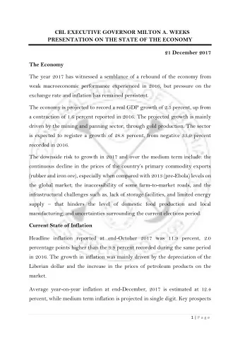 CBL EXECUTIVE GOVERNOR MILTON A. WEEKS  PRESENTATION ON THE STATE OF THE ECONOMY  21 December 2017