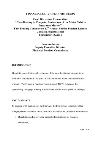 FINANCIAL SERVICES COMMISSION  Panel Discussion Presentation:  Coordinating to Compete: