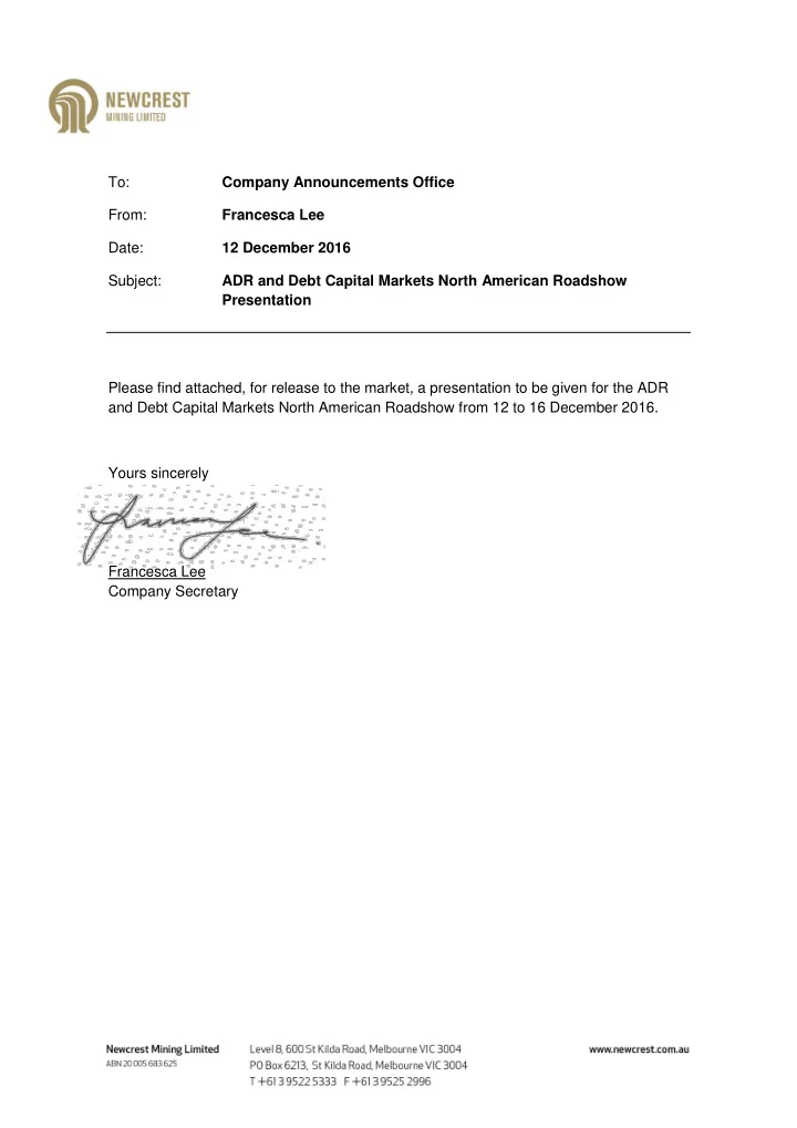 to company announcements office from francesca lee date