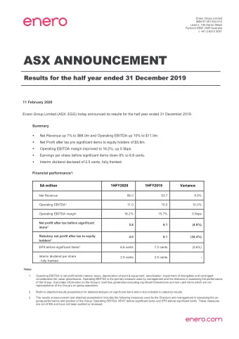 ASX ANNOUNCEMENT  Results for the half year ended 31 December 2019  11 February 2020  Enero Group
