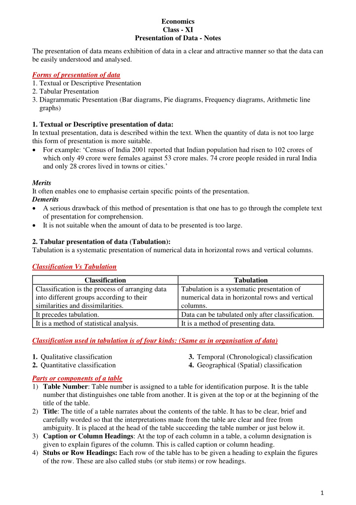 economics class xi presentation of data notes the