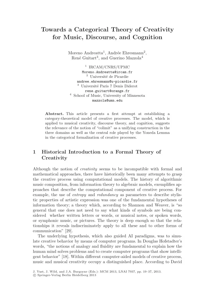 towards a categorical theory of creativity for music