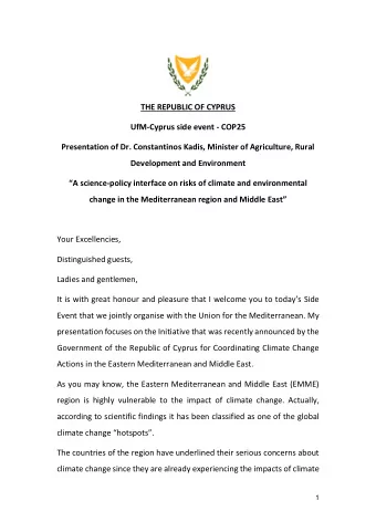 THE REPUBLIC OF CYPRUS  UfM-Cyprus side event - COP25  Presentation of Dr. Constantinos Kadis,