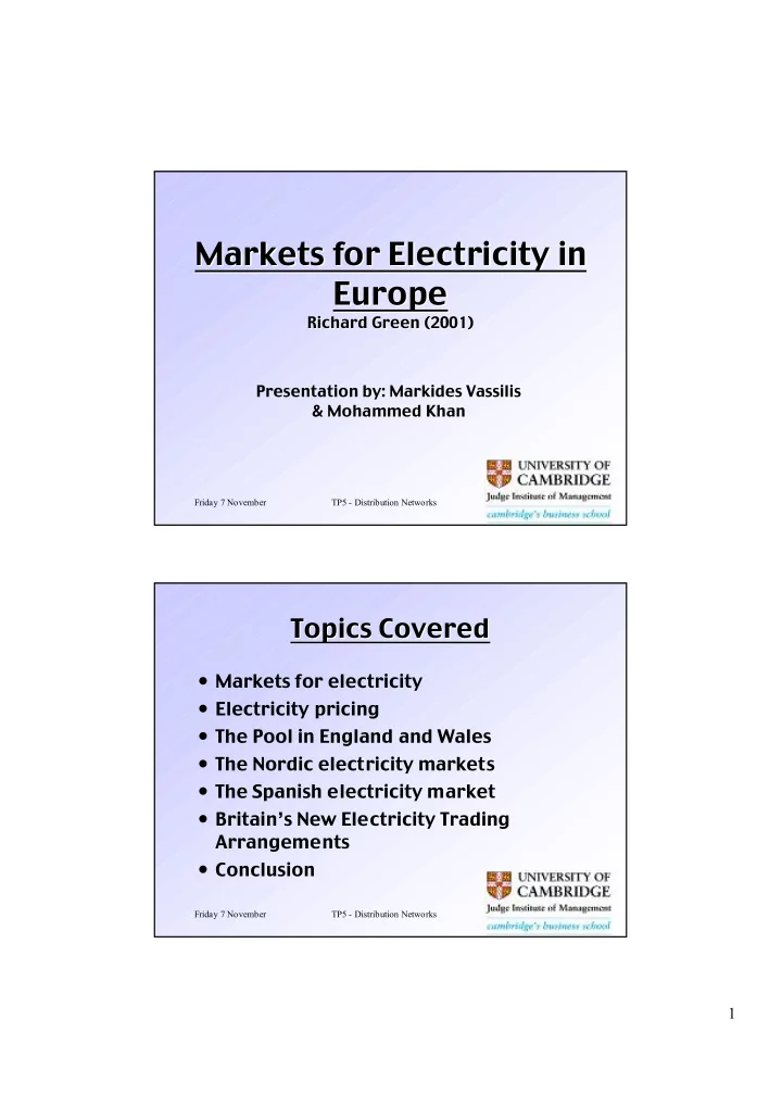 markets for electricity in markets for electricity in