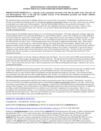 BIOTECHNOLOGY AND GENETIC ENGINEERING  INSTRUCTOR EVALUATION FORM FOR STUDENT PRESENTATIONS
