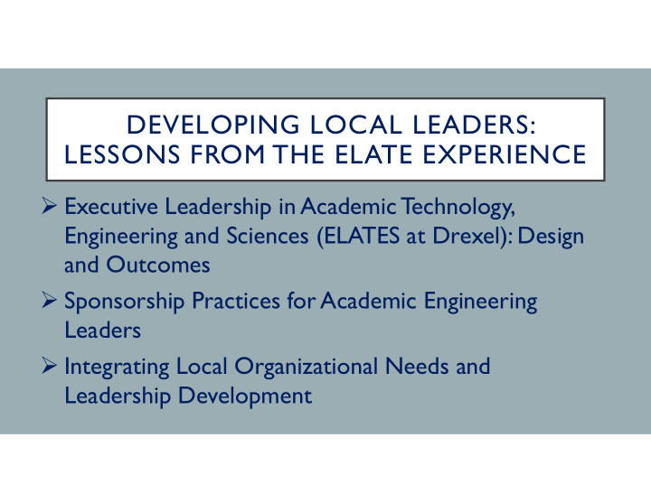 developing local leaders lessons from the elate experience