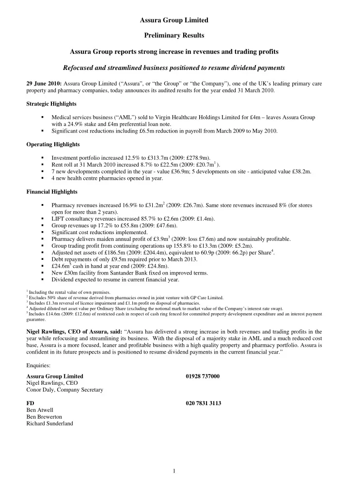 assura group limited preliminary results assura group