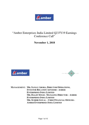 Amber Enterprises India Limited Q2 FY19 Earnings Conference Call   November 1, 2018 M