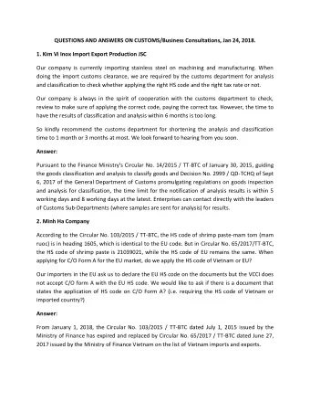 QUESTIONS AND ANSWERS ON CUSTOMS/Business Consultations, Jan 24, 2018.  1. Kim Vi Inox Import