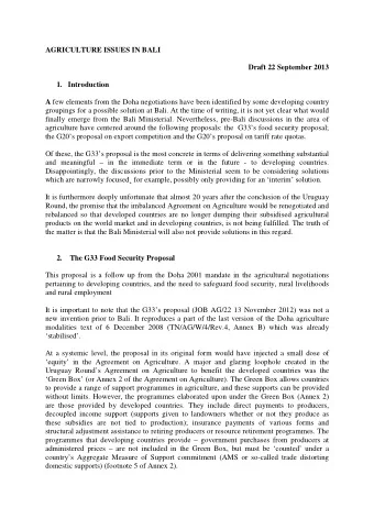 AGRICULTURE ISSUES IN BALI  Draft 22 September 2013 1. Introduction A few elements from the Doha