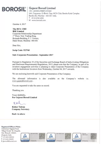 SOLAR GLASS MARKET AN OVERVIEW  GUJARAT BOROSIL LTD.  September 2017  Disclaimer  This